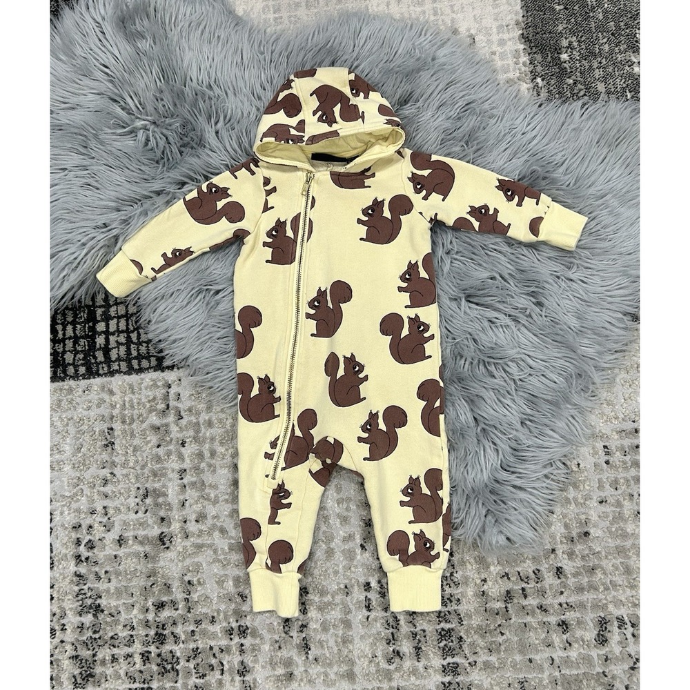 Mini Rodini Organic Cotton Baby Yellow Squirrel Jumpsuit Size 6-12 Month ($100)